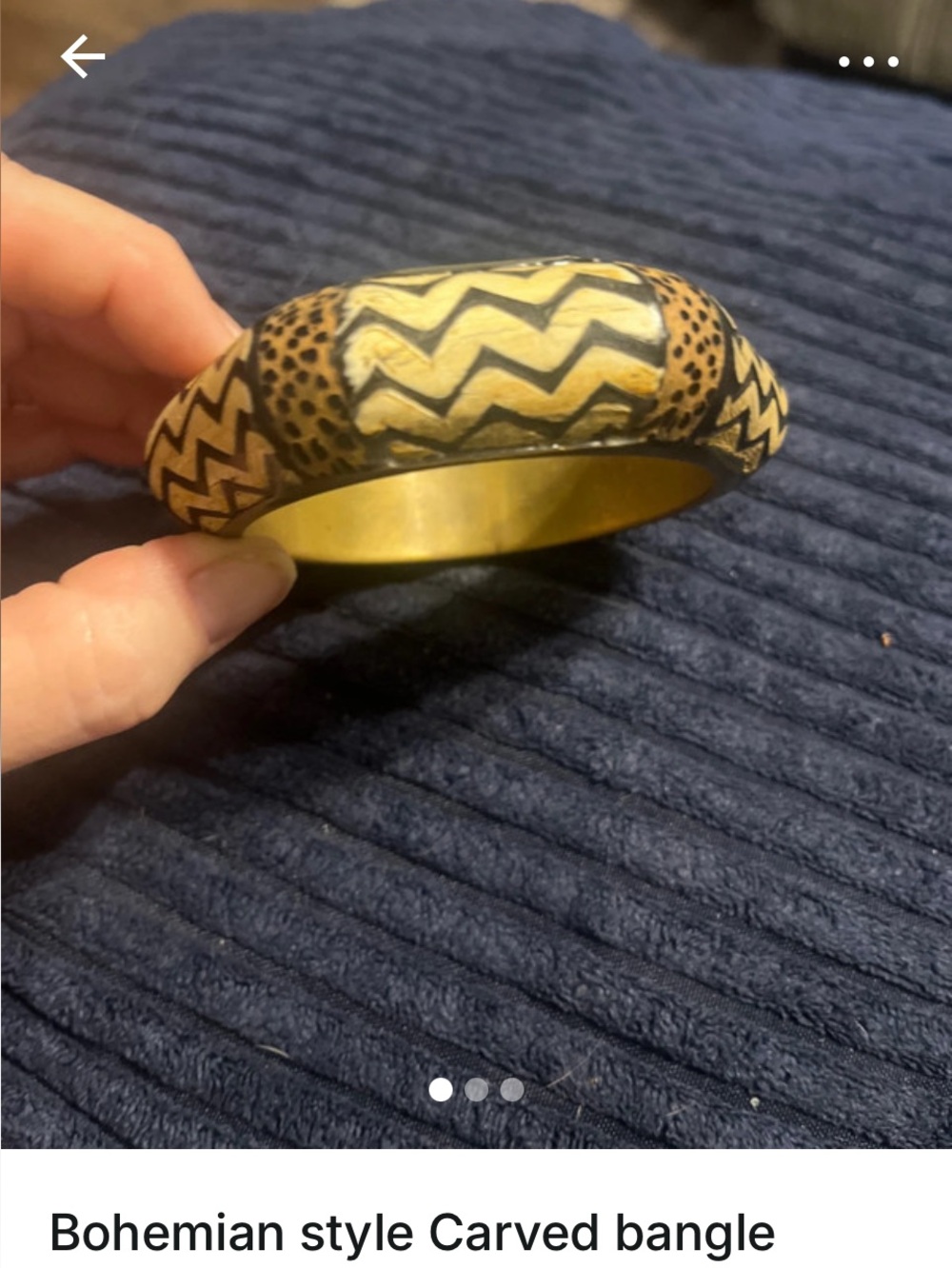 Bohemian Carved Wood and Metal Bangle Bracelet in Tan and Black